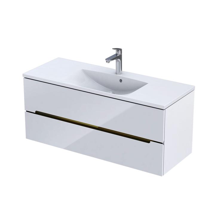 SILVER- SZAFKA PODUMYWALKOWA 120 CM, DWIE SZUFLADY, KOLOR BIAŁY POŁYSK, LISTWA ZŁOTY OR33-SD2S-120-1-V5