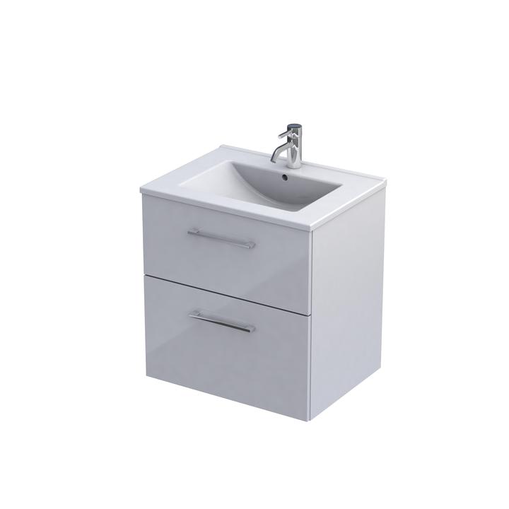 GEO- ZESTAW SZAFKA-UMYWALKA 60 CM., DWIE SZUFLADY KOLOR: BIAŁY POŁYSK, UMYWALKA CERAMICZNA KI01-ZD2S-60-1