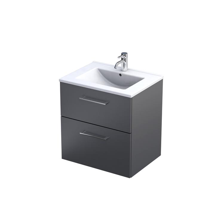 GEO- ZESTAW SZAFKA-UMYWALKA 60 CM., DWIE SZUFLADY KOLOR: GRAFIT MAT, UMYWALKA CERAMICZNA KI01-ZD2S-60-6