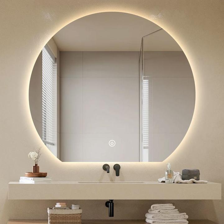 LUSTRO ŁAZIENKOWE AURA OKRĄGŁE ZE ŚCIĘTYM DOŁEM 72X80 CM OŚWIETLENIE LED, MATA GRZEWCZA