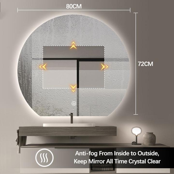 LUSTRO ŁAZIENKOWE AURA OKRĄGŁE ZE ŚCIĘTYM DOŁEM 72X80 CM OŚWIETLENIE LED, MATA GRZEWCZA