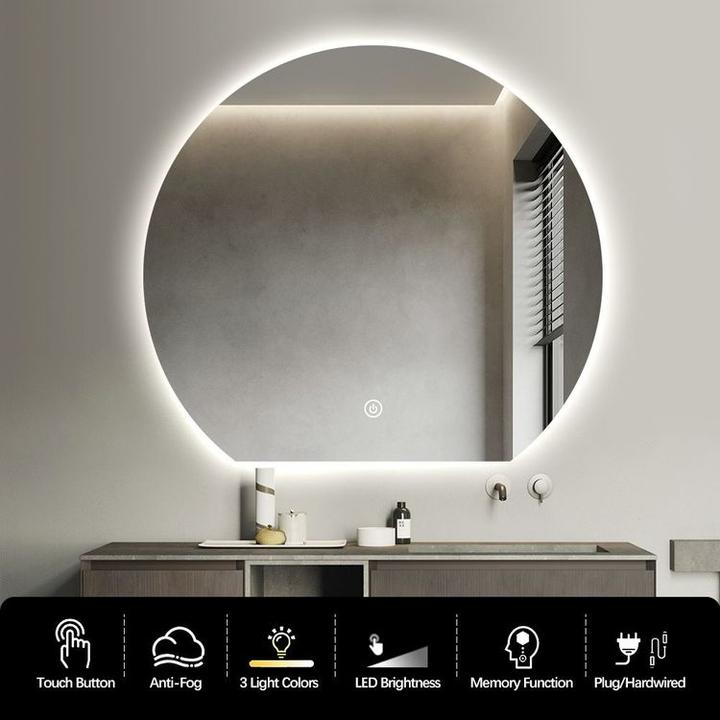 LUSTRO ŁAZIENKOWE AURA OKRĄGŁE ZE ŚCIĘTYM DOŁEM 72X80 CM OŚWIETLENIE LED, MATA GRZEWCZA