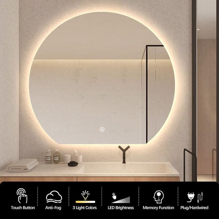 LUSTRO ŁAZIENKOWE AURA OKRĄGŁE ZE ŚCIĘTYM DOŁEM 81X90 CM OŚWIETLENIE LED, MATA GRZEWCZA