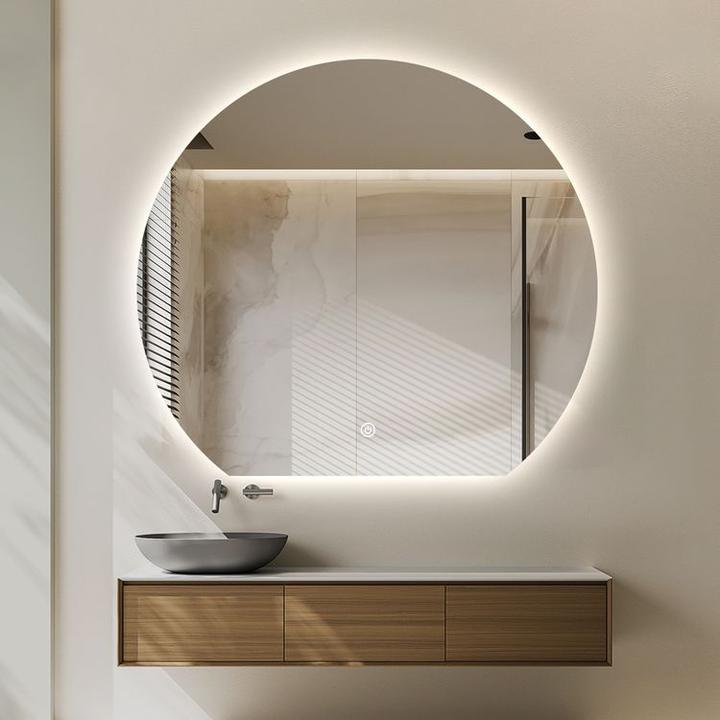 LUSTRO ŁAZIENKOWE AURA OKRĄGŁE ZE ŚCIĘTYM DOŁEM 81X90 CM OŚWIETLENIE LED, MATA GRZEWCZA