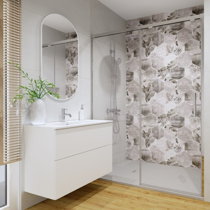 Projekt łazienki w stylu nowoczesnym z elementami skandynawskimi.