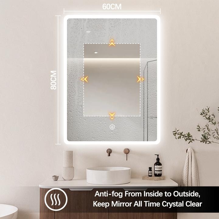 LUSTRO ŁAZIENKOWE LAGO PROSTOKĄTNE 80X60 CM OŚWIETLENIE LED, MATA GRZEWCZA