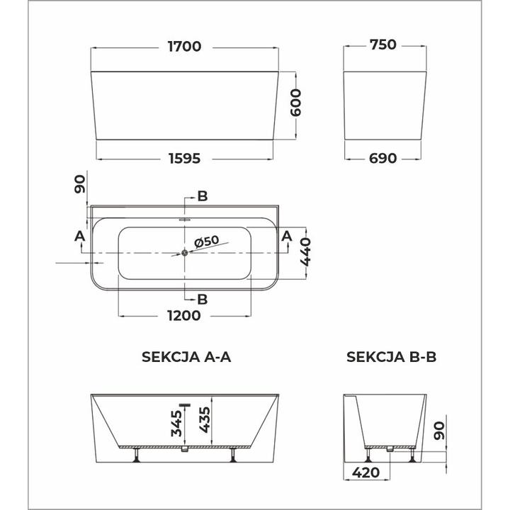 Wanna przyścienna COMODA 1700 x 750 x 600 mm – Luksusowe Kąpiele