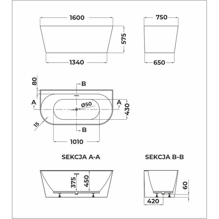 Wanna przyścienna EMMA 2.0 1600 x 750 x 575 mm – Nowoczesny Design i Komfort