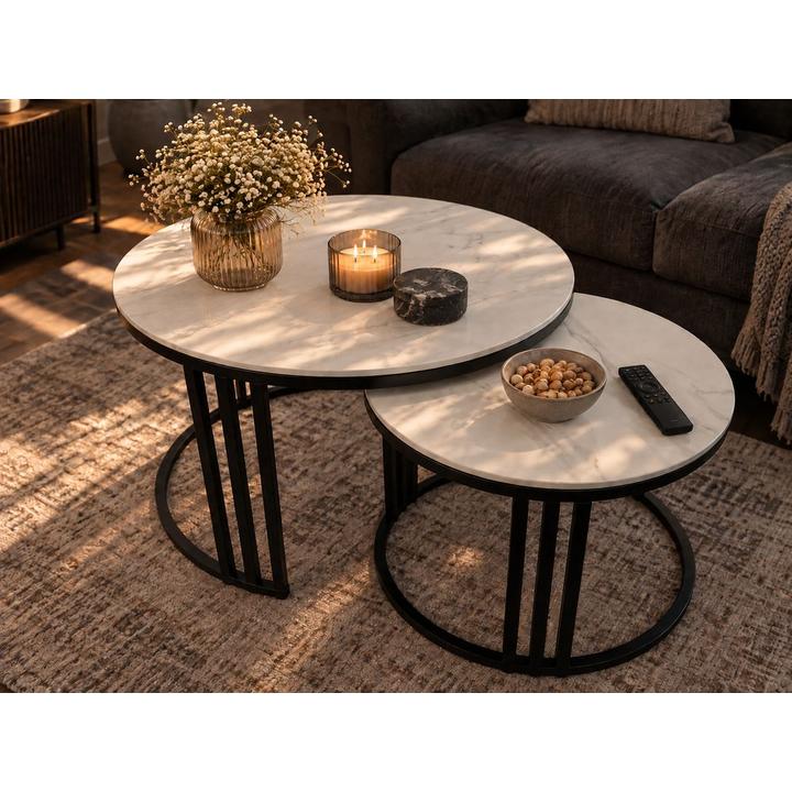 STOLIKI KAWOWE Z BLATEM ZE SPIEKU KWARCOWEGO HORIZON/BLACK O60 cm / O80 cm
