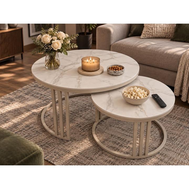 STOLIKI KAWOWE Z BLATEM ZE SPIEKU KWARCOWEGO HORIZON/CASHMERE O60 cm / O80 cm