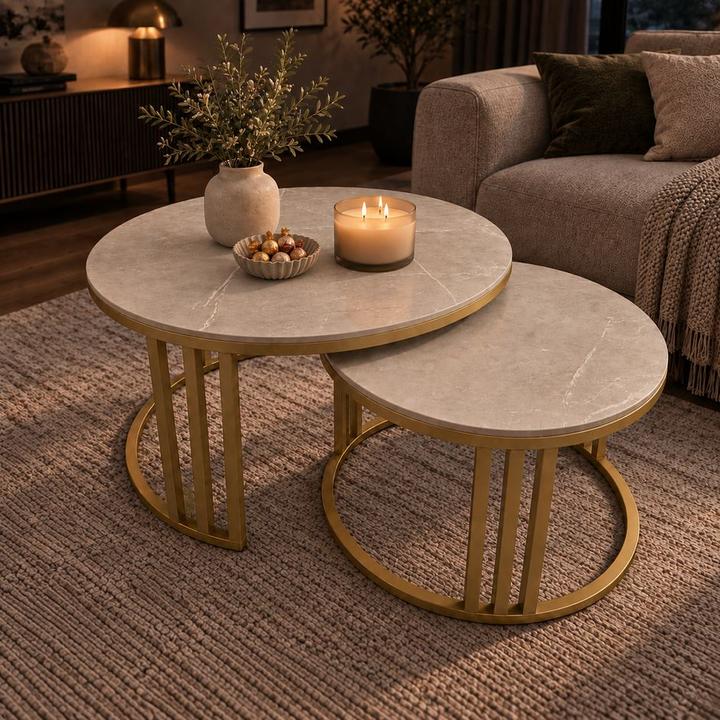STOLIKI KAWOWE Z BLATEM ZE SPIEKU KWARCOWEGO RITUAL/GOLD O60 cm / O80 cm