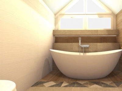 Łazienka na poddaszu z wanną wolnostojącą i marką Paradyż